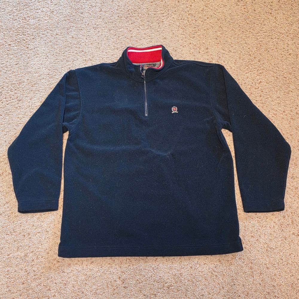 Tommy Hilfiger Mens XL Navy Blue Quarter Zip Fleece Pullover Striped Collar Logo